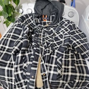 Men's Lined Black and White Plaid Shacket with Hood